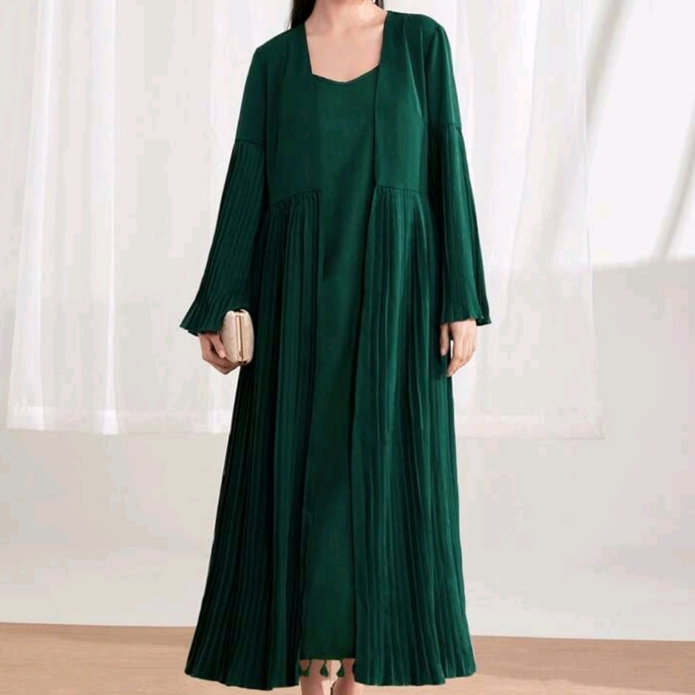 Trumpet Sleeve Tassel Trim Open Front Abaya